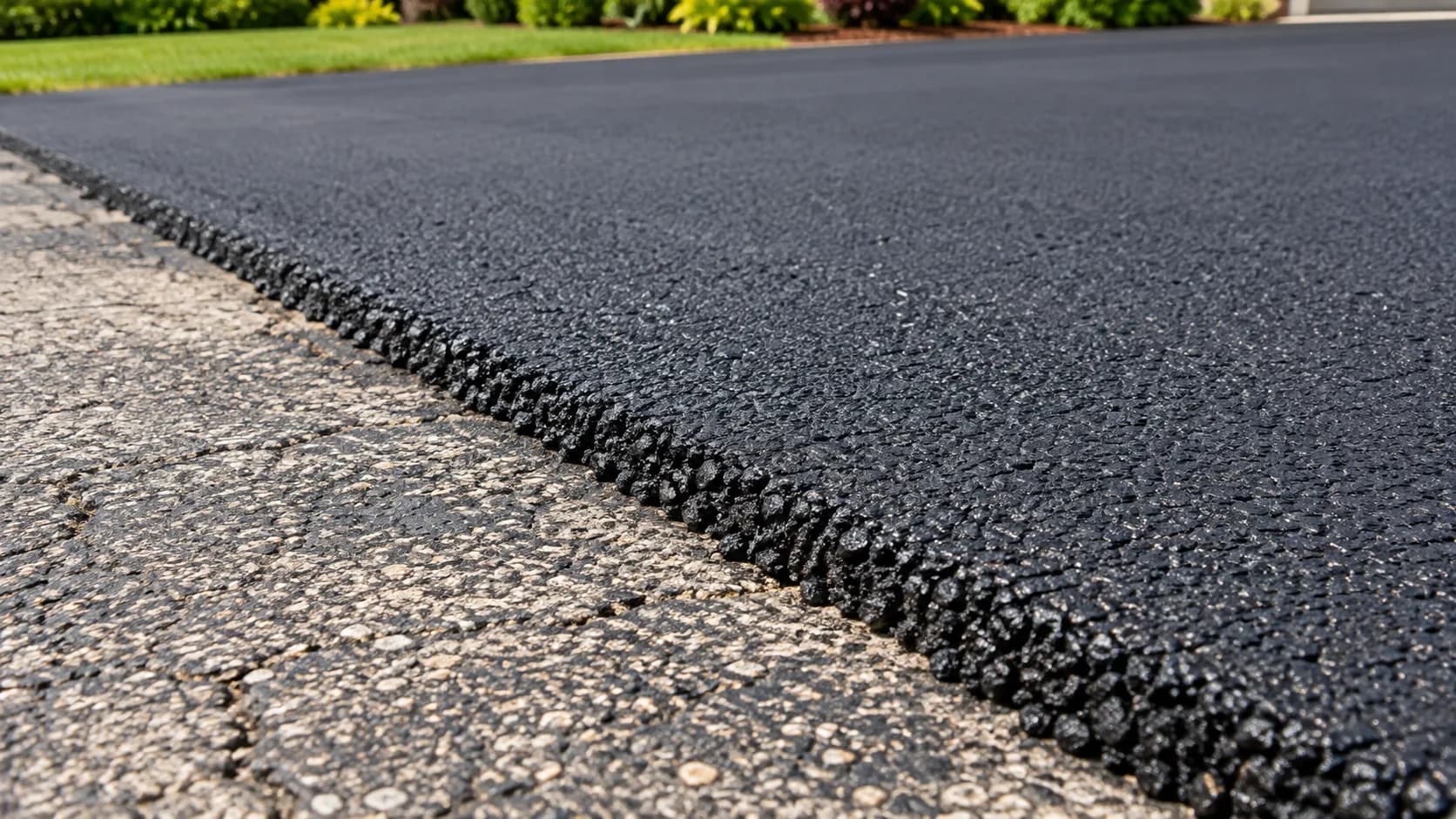 Fresh matte asphalt meeting an existing drive
