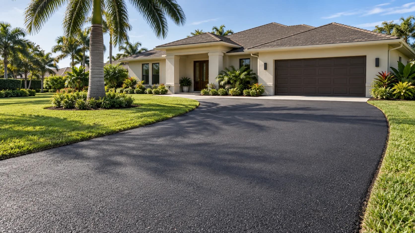 Curved asphalt driveway leading to a residential garage