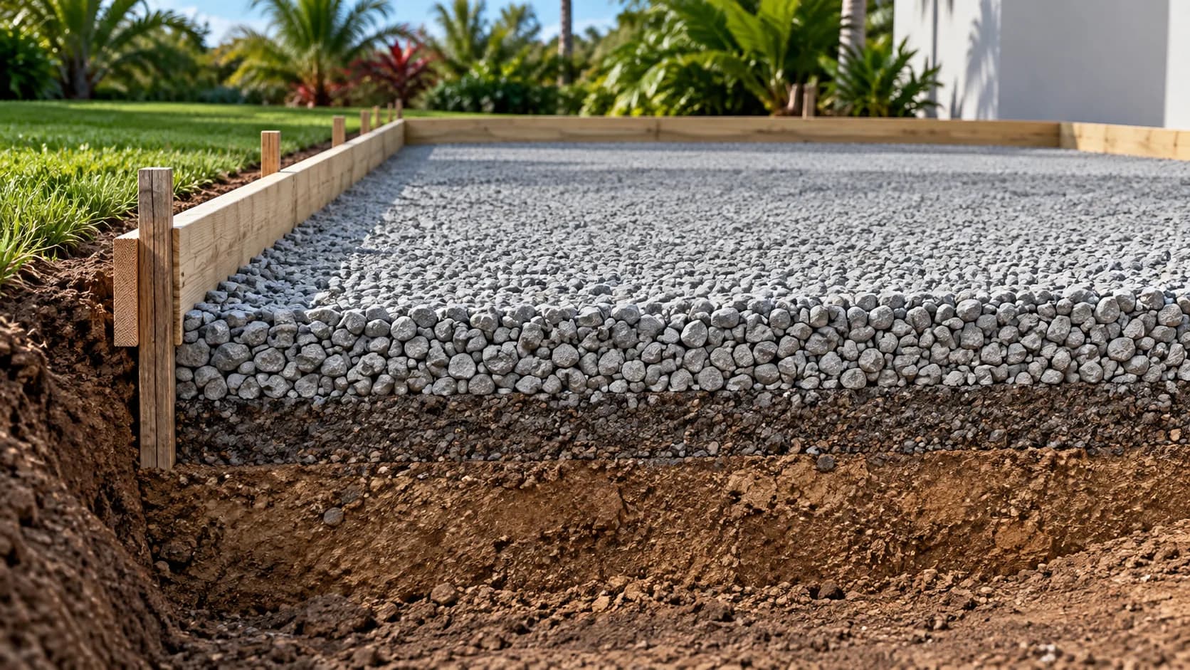 Cutaway view of an aggregate base beneath pavement