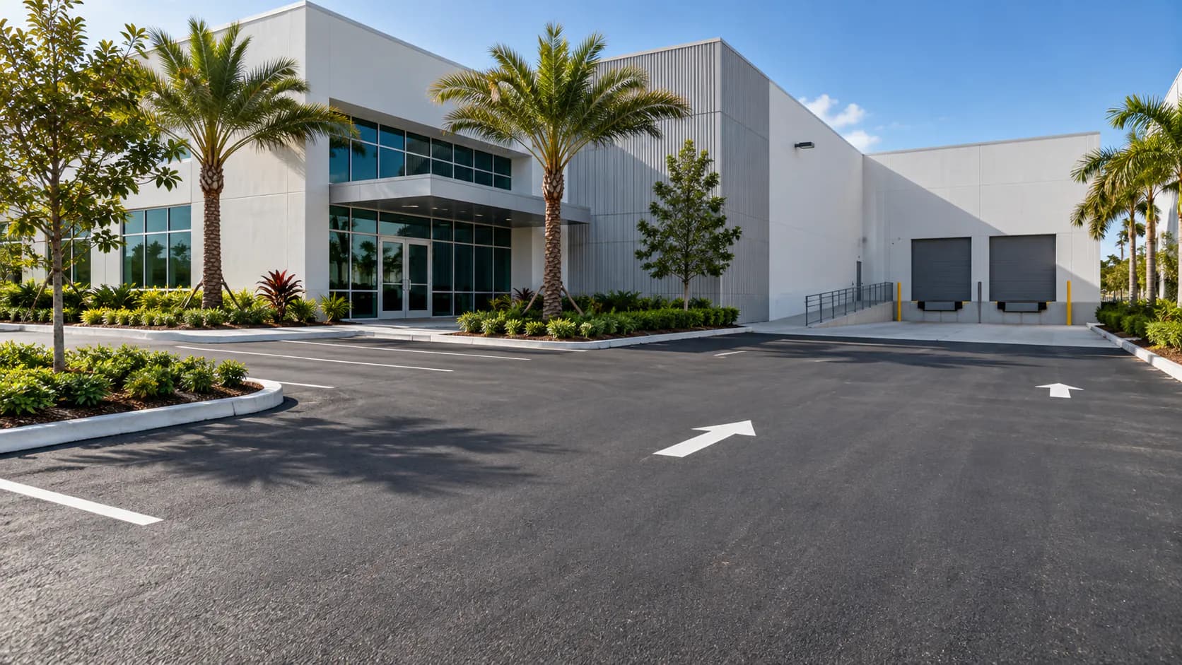 Asphalt access drive beside a commercial building