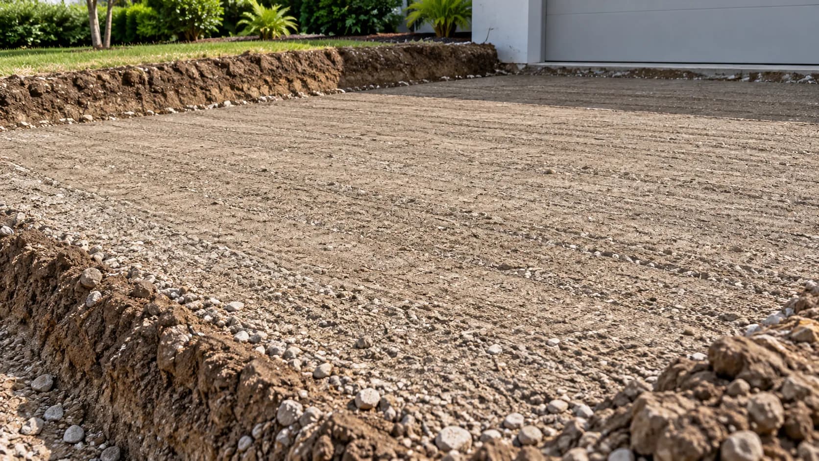 Compacted granular subgrade inside a driveway excavation