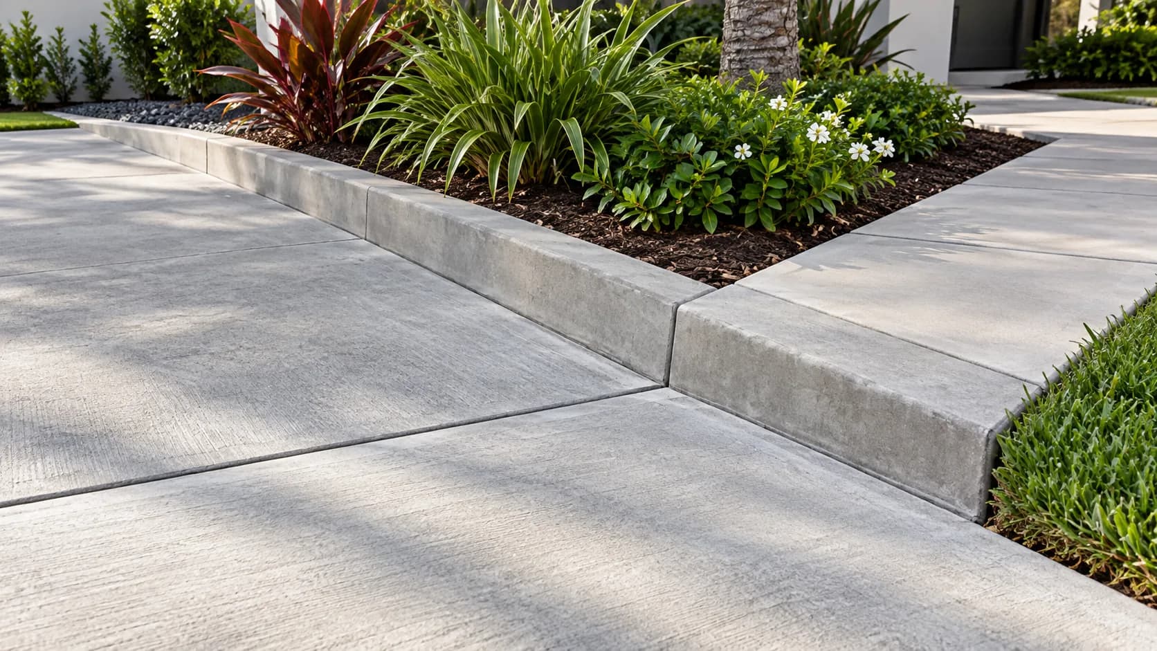 Concrete driveway meeting a planting bed and walkway