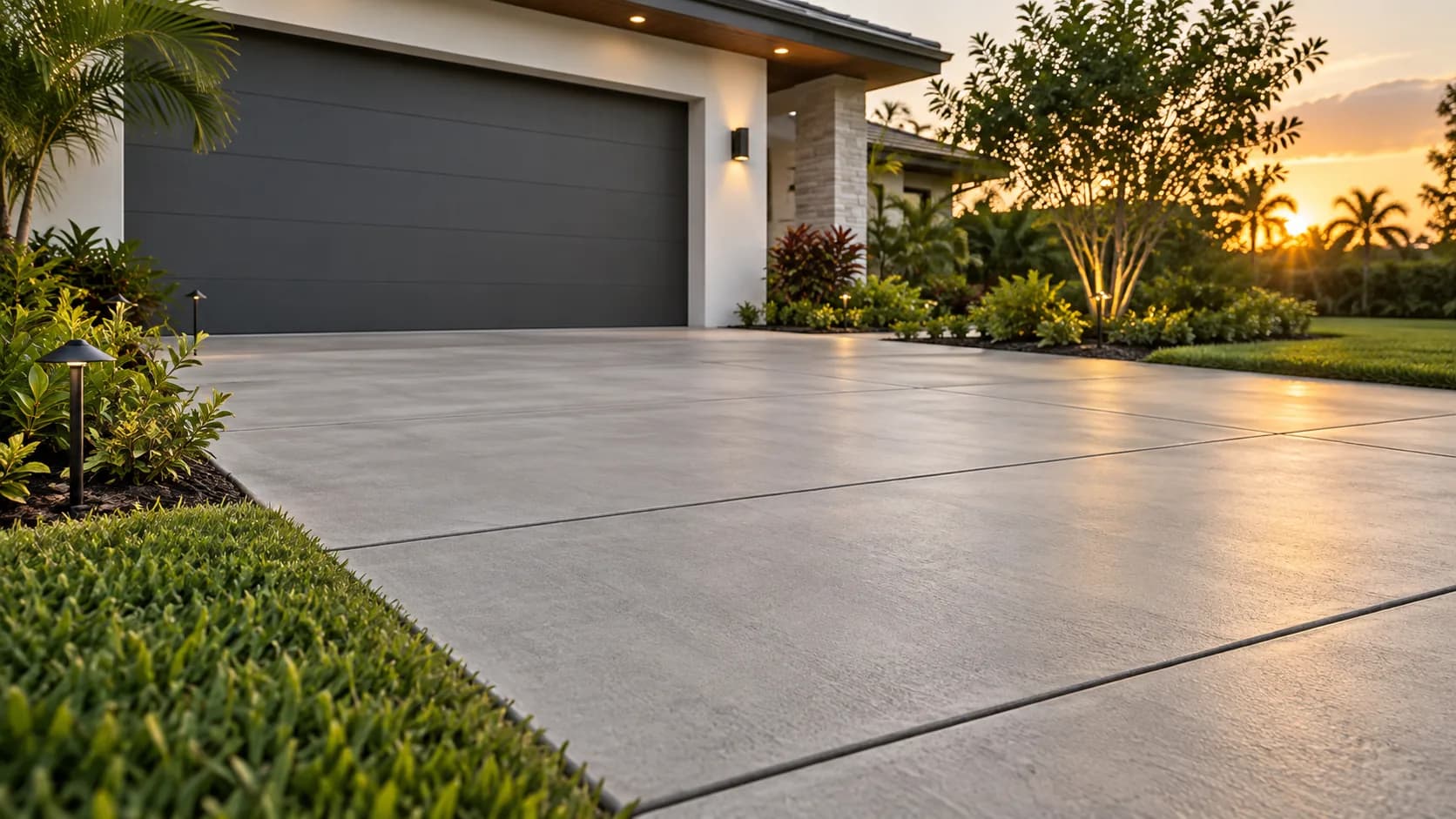 Finished concrete driveway in soft evening light