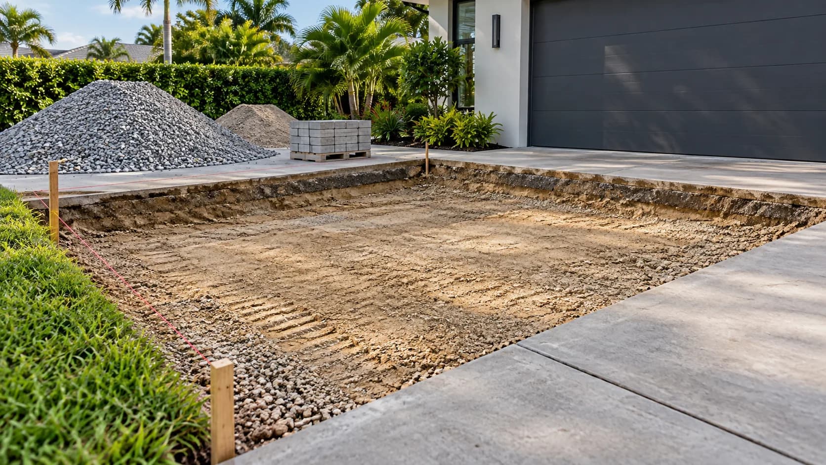 Squared driveway excavation staged for base preparation