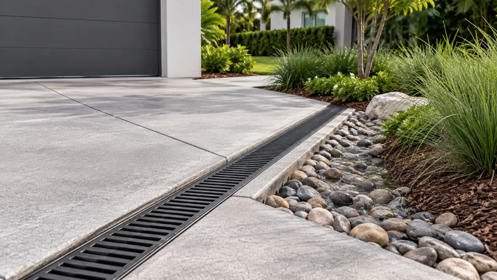 Driveway slope leading toward a linear drain and swale