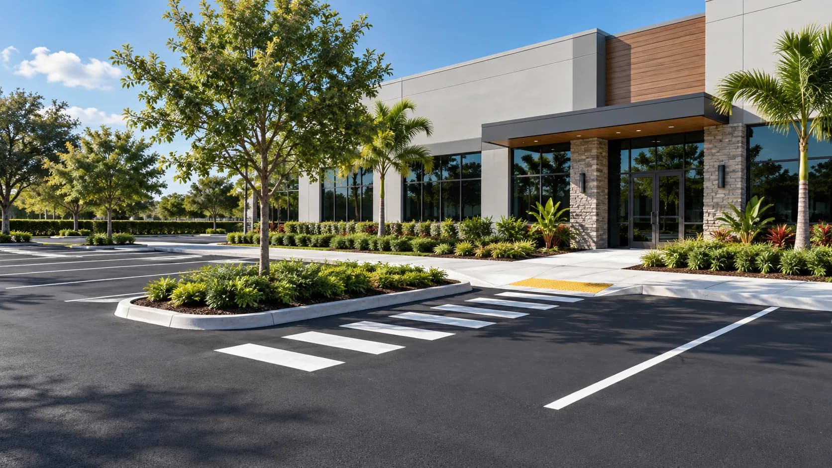 Commercial asphalt parking field with white striping
