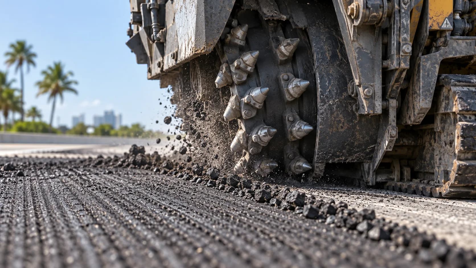 Close view of milling drum teeth and textured asphalt