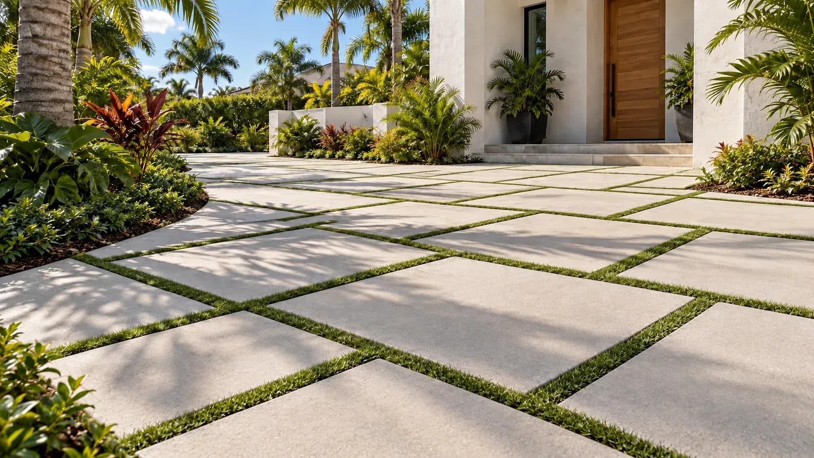Pavers with planted grass joints beside tropical planting