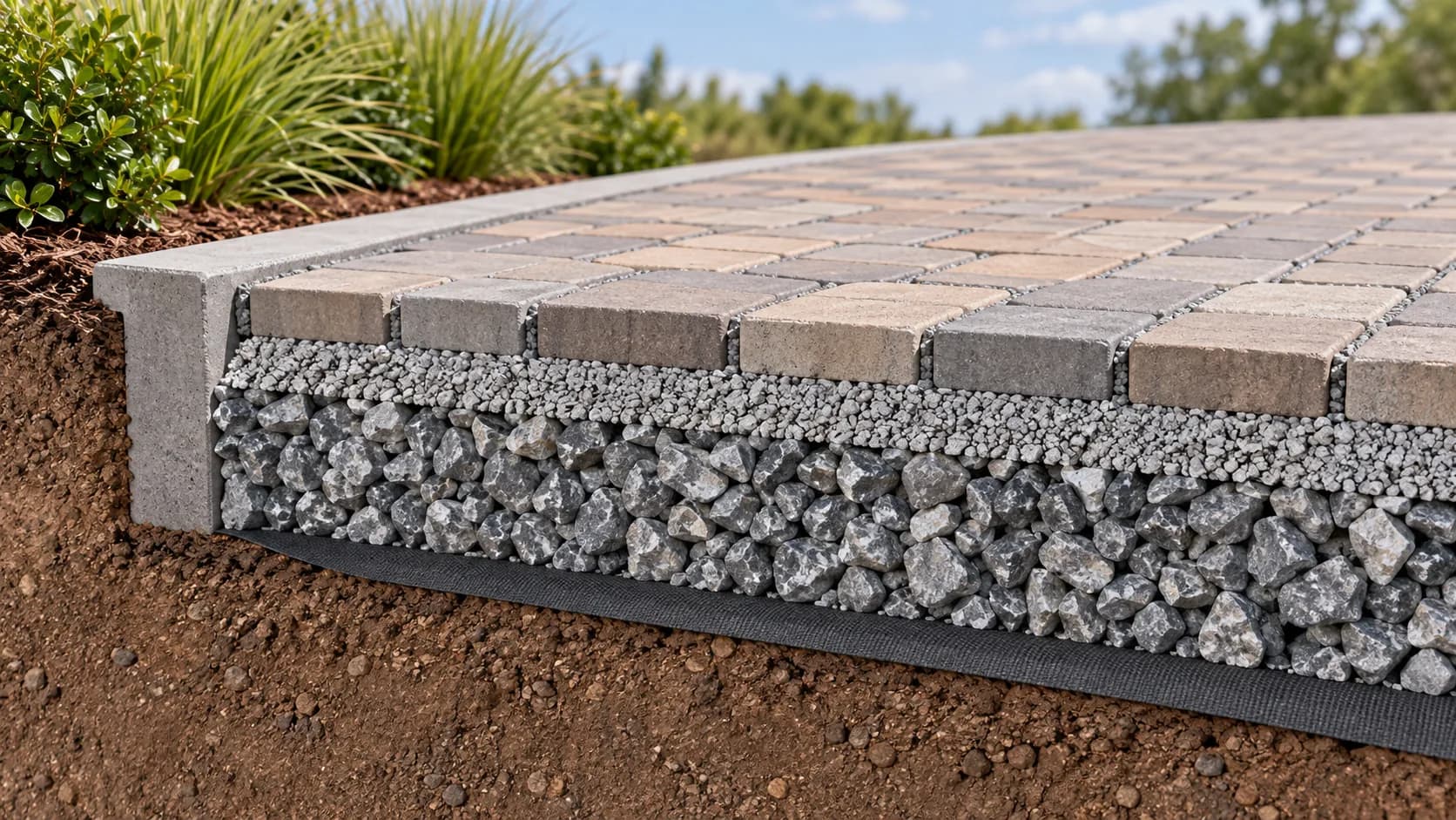 Cutaway view of a permeable paver assembly