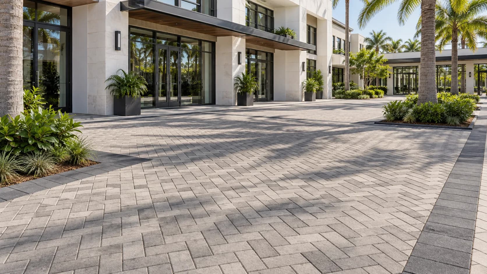 Gray interlocking pavers across a landscaped commercial entrance