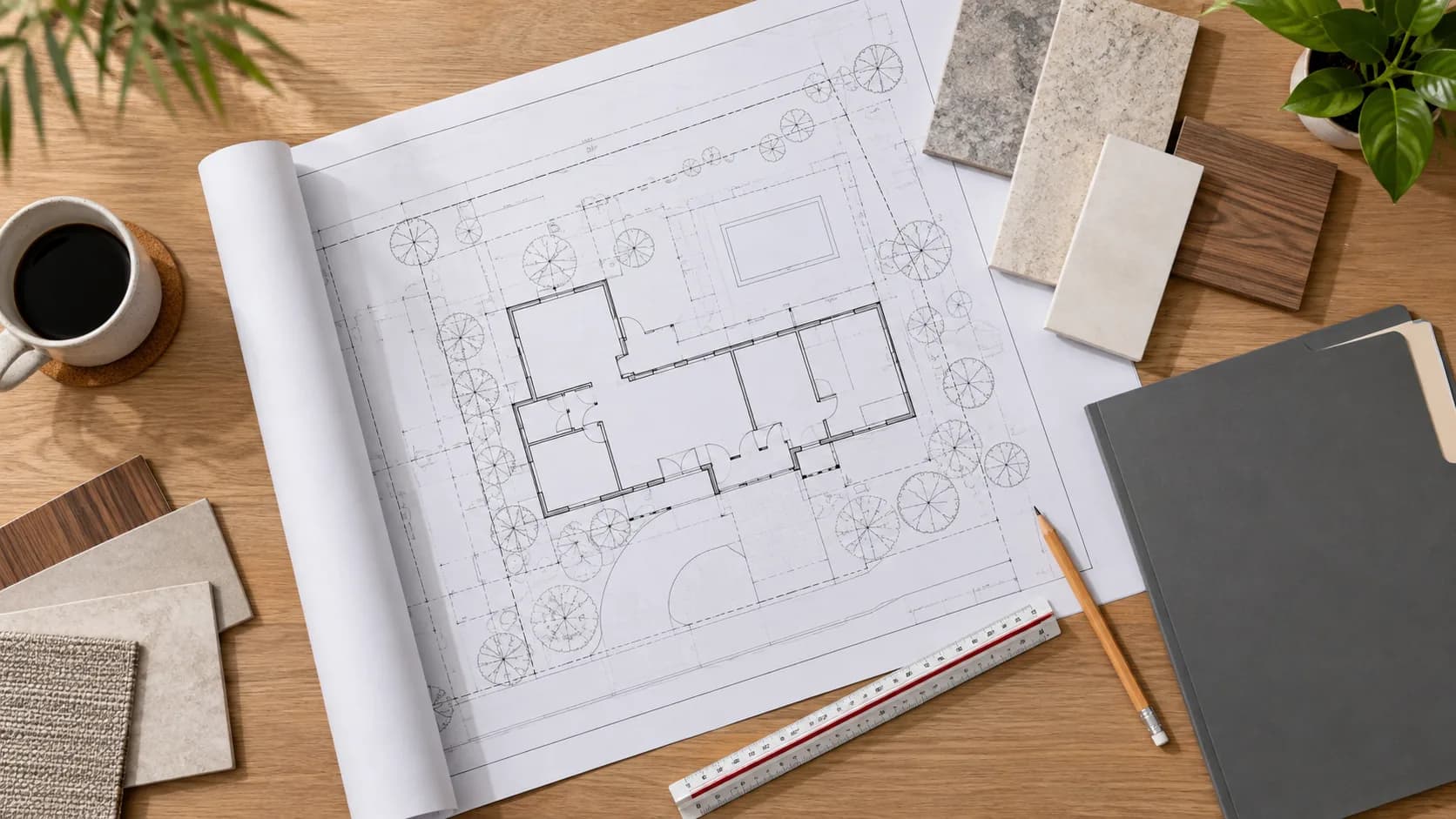 Site plan, material samples, and permit folder on a worktable