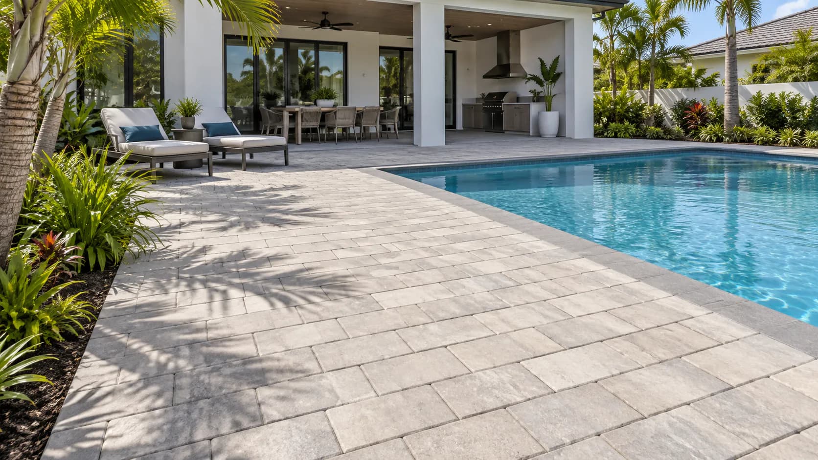 Paver terrace around a residential swimming pool