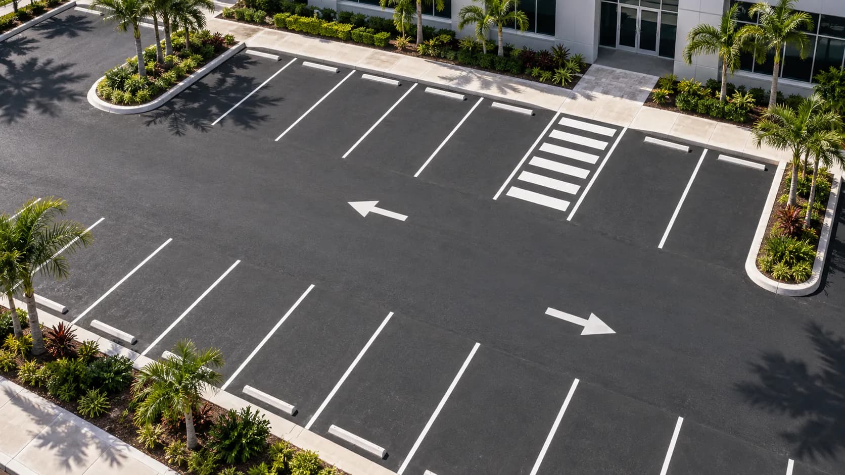 Overhead view of marked parking spaces and circulation lanes